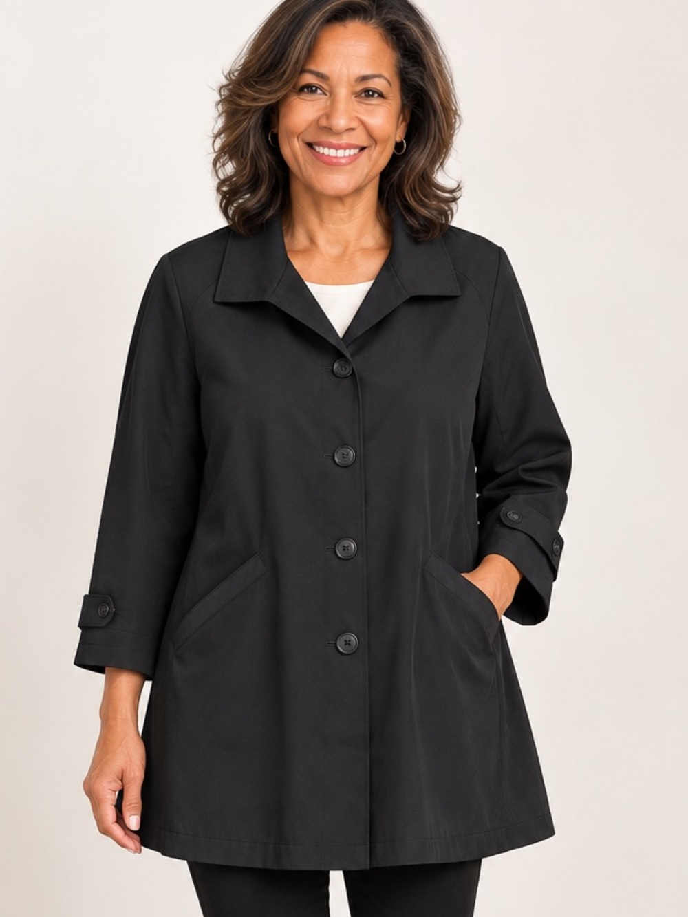 Valerie Stevens Petites Black Raincoat PM A-Line Button Front EUC